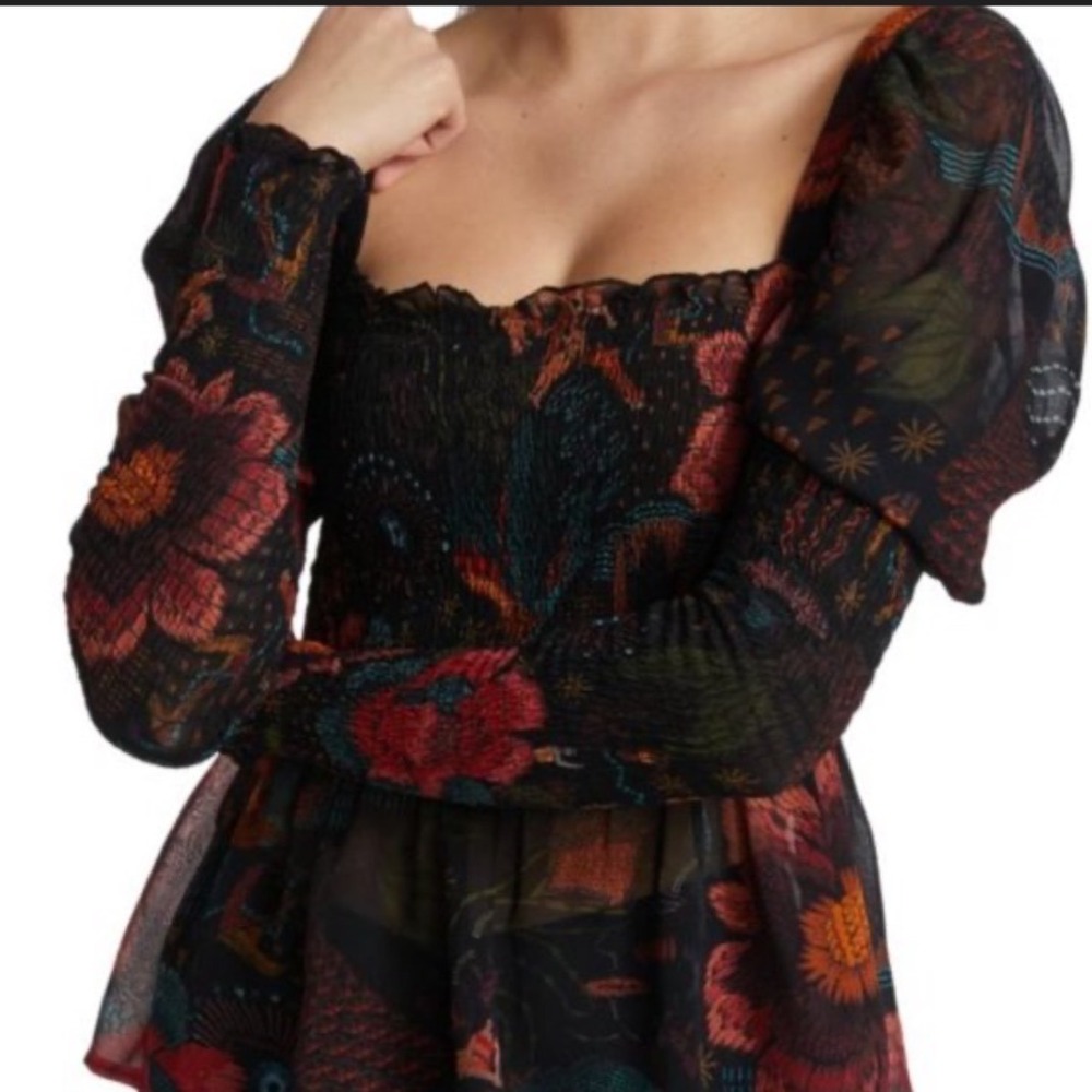 Farm Rio River Creatures Top Black Floral Smocked Long Sleeve Whimsigoth Sheer L - Picture 9 of 13
